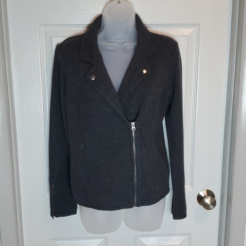 Adrienne Vittadini Black Charcoal Knit Wool Asymmetric Zip Moto Jacket SZ S - Picture 9 of 9